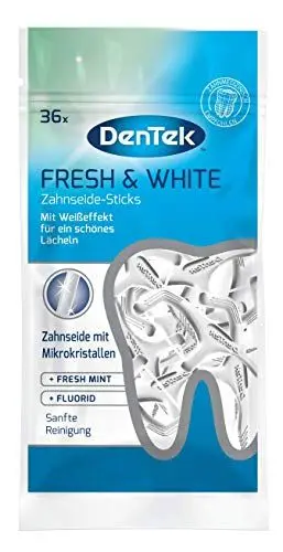 Produktbild: DenTek Fresh & White Zahnseide Sticks - mit Mikrokristallen - für weißere Zahnzwischenräume - Zahnseide mit Minzgeschmack - Zahnstocher - Zungenschaber,{ 1 X 36 Stk. } , 36 Stück (1er Pack)