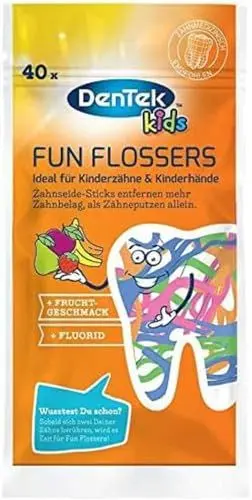 Produktbild: Dentek Fun Flossers Kids - Zahnseide-Sticks speziell für Kinder - mit Fruchtgeschmack - rutschfester Griff - bunte Farben, 1 X 40 Stk
