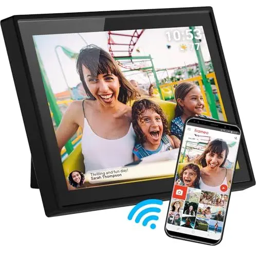 Produktbild: Denver PFF1021 Digitaler Bilderrahmen WiFi 10.1 Zoll, Elektronischer Bilderrahmen 16GB mit FRAMEO App, IPS Touchscreen, Auto-Rotate, Micro SD Slot, Schwarz