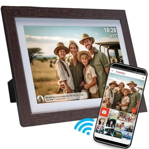 Produktbild: Denver PFF-1042DW Digitaler Wi-Fi Bilderrahmen – 10,1 Zoll IPS HD Touchscreen, FRAMEO Software, Drahtloses Teilen, Timer-Funktion, Eichenholzrahmen dunkel