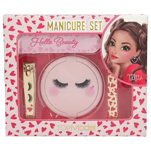 Produktbild: Depesche 11870 TOPModel Beauty Girl - Maniküre Set verpackt in einer Box mit Herzchen-Muster und Schlafaugen, Nagel-Set mit Spiegel, Nagelfeile, Nagelknipser und Pinzette