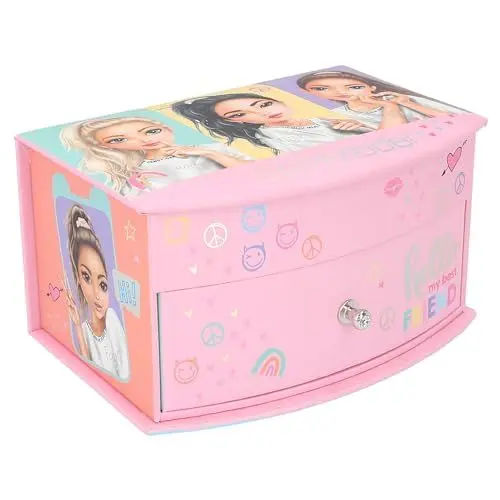 Produktbild: Depesche 12719 TOPModel Snap Shots - Kleines Schmuckkästchen in Rosa mit Model-Motiv und farbenfrohem Design, Schmuckbox mit Spiegel und Klappdeckel