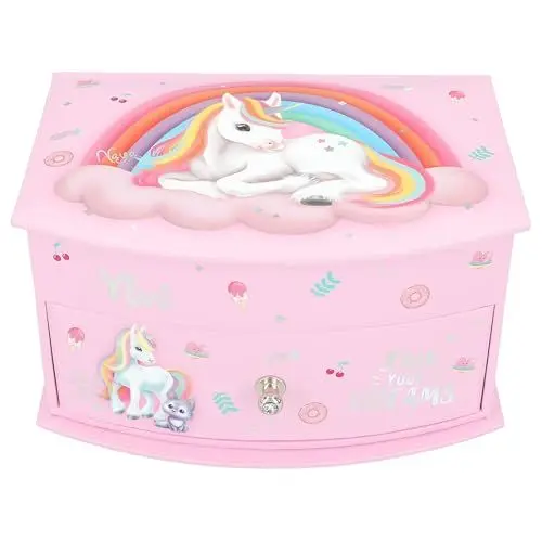 Produktbild: Depesche 13203 Ylvi - Kleines Schmuckkästchen in Pink, mit Einhorn Motiv und Muster, Schmuckbox mit Klappdeckel und Spiegel