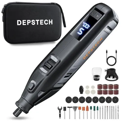 Produktbild: DEPSTECH Akku-Rotationswerkzeug, 12V 2.5Ah Lithium-Lonen-Akku, Großbildschirm, 5 Geschwindigkeiten 5000-35000 U/min, Multifunktionswerkzeug Set mit 48-tlg Premium-Zubehör für DIY-Projekte/Handarbeit