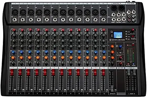 Produktbild: Depusheng DA12 mischpult dj mit USB Laufwerk für Computeraufnahmen Bluetooth 12 Kanal Audio Mixer XLR Mikrofonbuchse 48V Stromversorgung Cinch Eingang/Ausgang