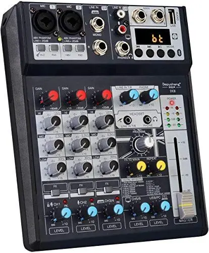 Produktbild: Depusheng DE8 Audio mischer 8 Kanal professional DJ Sound Controller Schnittstelle mit USB Soundkarte für PC Aufnahme XLR Mikrofonbuchse 5V USB Stromanschluss FX 16-Bit-DSP