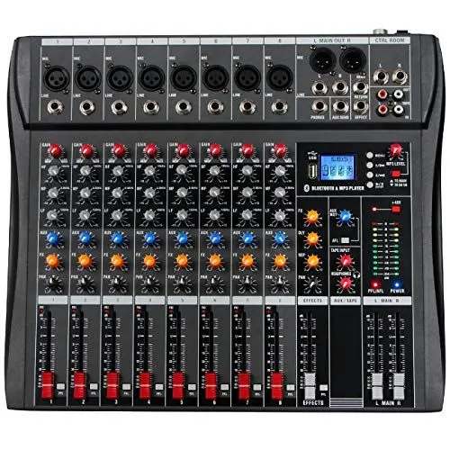 Produktbild: Depusheng DX8 Professioneller Mixer Soundboard Konsole 8-Kanal Tischsystem Schnittstelle Digital USB MP3 Bluetooth Eingang 48V Phantomspeisung Stereo DJ Studio FX Stahlgehäuse Audio Mixer für PC