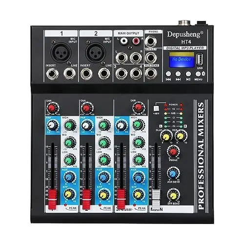 Produktbild: Depusheng HT4 Bluetooth DJ Mischer kompatible professionelle tragbare digitale mischpult dj mit USB 4 Kanal audio Mixer für Studioaufnahmen, Schwarz