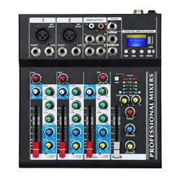 Produktbild: Depusheng HT4 Bluetooth-kompatible professionelle tragbare digitale DJ-Konsole mit USB-4-Kanal-Mixer Audio-Interface-Mischpulte für Studioaufnahmen, schwarz