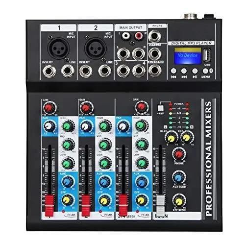 Produktbild: Depusheng HT4 Bluetooth-kompatible professionelle tragbare digitale DJ-Konsole mit USB-4-Kanal-Mixer Audio-Interface-Mischpulte für Studioaufnahmen, schwarz