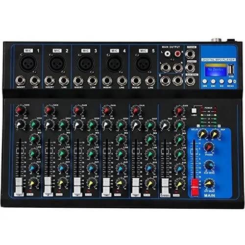 Produktbild: Depusheng HT7 Tragbarer Bluetooth-Audio-Mixer mit USB-DJ-Sound-Mischpult MP3-Buchse 48-V-Stromversorgung für Computeraufnahmen, 7-Kanal-Band-Mischpulte für Studioaufnahmen