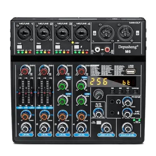 Produktbild: Depusheng M6 6 Kanal DJ Mixer tragbare Bluetooth MP3 audio mischpult integrierte 256 digitale Effekte USB Schnittstelle für Computeraufzeichnung Live Streaming Podcasting Karaoke