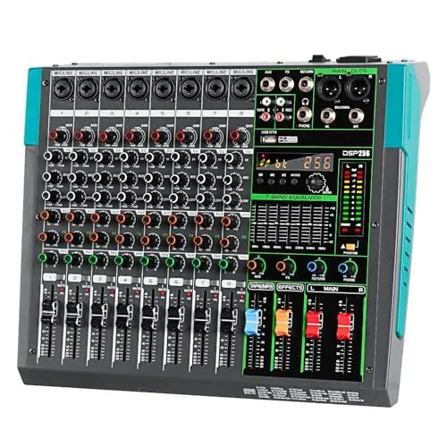 Produktbild: Depusheng PA8 Professional Audio Mixer Soundboard Console Desk System Interface 8 Channel Digital USB Bluetooth MP3 Computer Input 48V Phantom Power Built-in 256 Reverb Effect, Black