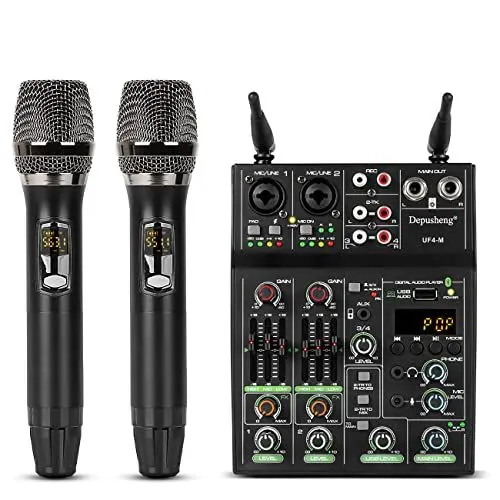 Produktbild: Depusheng UF4-M Studio Audio Sound Mixer Board 4 Kanal Bluetooth kompatibles professionelles tragbares digitales DJ Mischpult mit drahtlosem Mikrofon Mischpulte für Studioaufnahmen