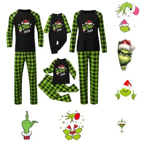 Produktbild: Der Grinch Pyjama Damen Weihnachten Schlafanzug Familien Pyjama Set Weihnachts Pyjama Family Set Zweiteiliger Nachtwäsche Hausanzug Freizeitanzug Weihnachtspyjama Grinch KostüM Erwachsene Damen