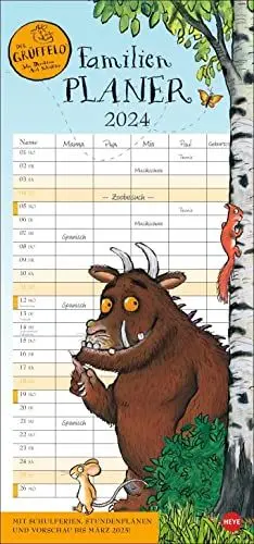 Produktbild: Der Grüffelo Familienplaner 2024. Witziger Kalender mit den bekannten Figuren aus dem Kinderbuch-Klassiker. Hochkant-Format: Langer Kalender mit 5 Spalten für Übersicht und Planung.