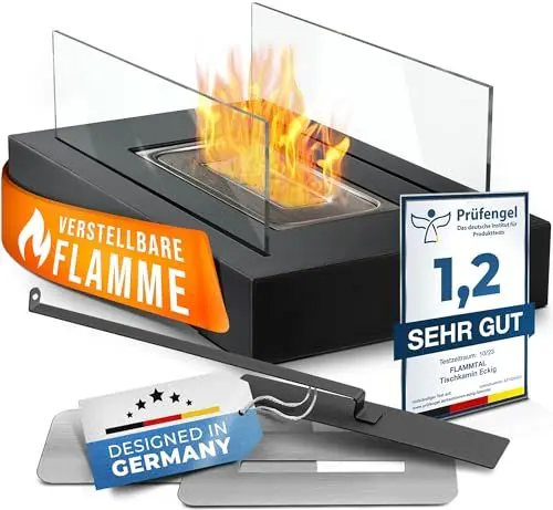 Produktbild: flammtal Bioethanol Tischkamin Square für Garten Terrasse Balkon Tisch Deko - Tischfeuer für Indoor & Outdoor (3h Brenndauer) - Verstellbare Flamme - Bio Ethanol Kamin mit Sicherheitsglas