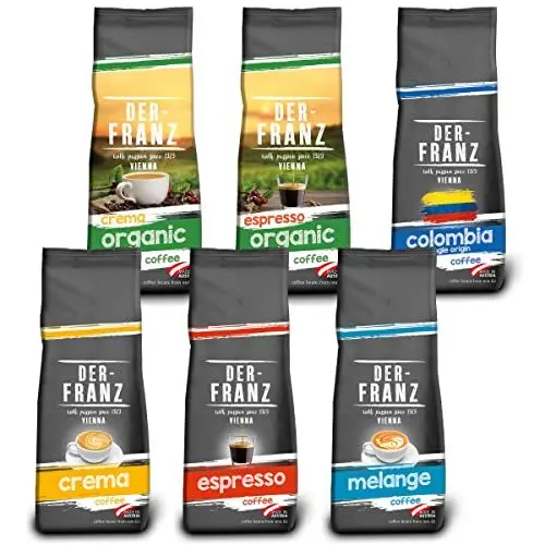 Produktbild: Der-Franz Kaffee Pack (1 x Crema, 1 x Espresso, 1 x Melange, 1 x Colombia, 1 x Espresso Organic, 1 x Crema Organic), ganze Bohne, 6 x 500 g