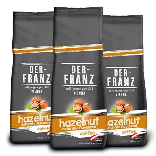 Produktbild: Der-Franz Kaffee, Mischung aus Arabica und Robusta, geröstet, ganze Bohne aromatisiert mit natürlicher Haselnuss UTZ, 3 x 500 g