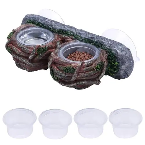 Produktbild: DERNORD Gecko Feeder Ledge Saugnapf Doppelte Rebe Design für Reptilien Futterschale Ideal für Bartdrache Echse Schlange Terrarium Tank Dekor Zubehör beinhaltet 6 Schüsseln für Wasser und Nahrung