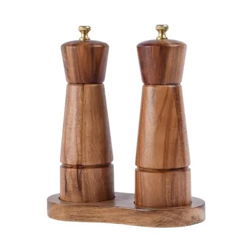 Produktbild: DeroTeno Salz- und Pfeffermühlenset mit Mühlenuntersetzer, Verstellbare Keramikmahlwerk Salzmühle, Edelstahlmahlwerk Pfeffermühle, Akazienholz, 16,5 cm Höhe, Boden DIA 5 cm