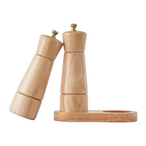 Produktbild: DeroTeno Salz- und Pfeffermühlenset mit Mühlenuntersetzer, Verstellbare Keramikmahlwerk Salzmühle, Edelstahlmahlwerk Pfeffermühle, Gummiholz, 16,5 cm Höhe, Boden DIA 5cm