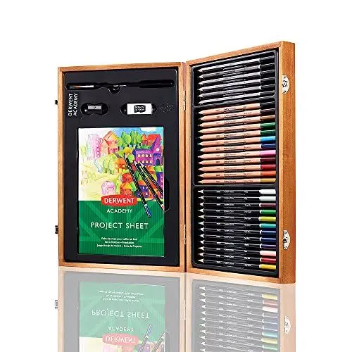 Produktbild: Derwent Academy Mal-Geschenkset in Holzbox, 35-teiliges Künstlerset mit Buntstiften, Pastellkreiden und Zubehör, Ideal zum Zeichnen, Skizzieren und Basteln, für Hobbykünstler, 2300147
