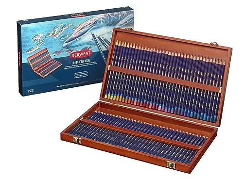Produktbild: Derwent Inktense Permanent wasserlösliche Aquarellstifte, 72er Set in hölzerner Geschenkbox, 4 mm Premium-Kernstärke, ideal zum Ausmalen, Malen und Basteln, professionelle Qualität (2301844)
