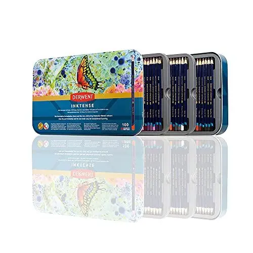 Produktbild: Derwent Inktense Stifte-Set, 100 permanente Aquarellstifte, Premium-Malstifte für Erwachsene, wasserlöslich & wischfest, 4 mm Mine, Profi-Qualität, mit Aufbewahrungsdose, 2306130