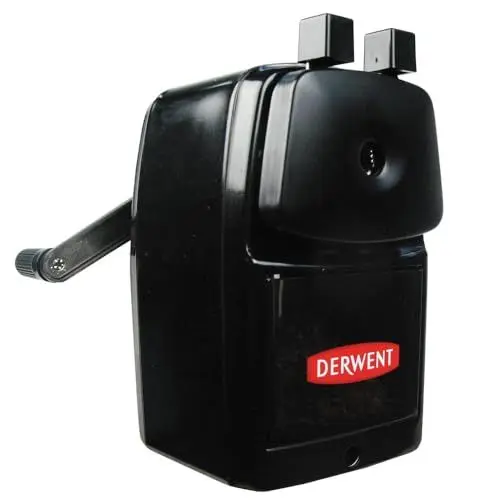 Produktbild: Derwent Manueller Schreibtisch-Spitzer, Super Point, mit Auffangbehälter & Tischklemme, Professionelle Qualität, 2302001