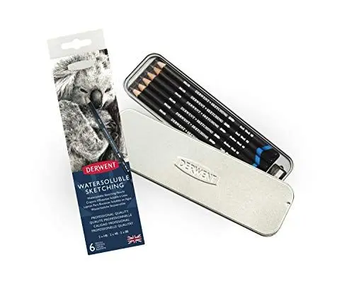 Produktbild: Derwent Wasserlösliche Zeichenstifte, Zeichnen & Schreiben, 6er-Set, Inkl. 3 Härtegrade (HB, 4B, 8B) & Spitzer, Ideal zum Skizzieren, Professionelle Qualität, 0700837