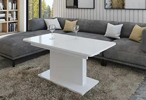 Produktbild: designimpex DC-1 Couchtisch ausziehbar höhenverstellbar 126/168cm in Weiß Hochglanz modern vielseitig Wohnzimmertisch Esstisch Beistelltisch Sofatisch platzsparend hochwertig Wohnzimmer Coffee Table