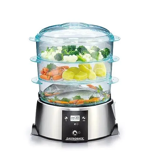 Produktbild: GASTROBACK 42510 Design Dampfgarer, LCD-Display, 650 Watt, inklusive 3 durchsichtigen Garbehältern (je 3 l Volumen), Warmhaltefunktion, Edelstahl, 9 liters