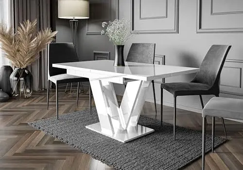 Produktbild: Design Esstisch PA-555 ausziehbar Hochglanz 120-160 cm Esszimmer, Farbe:Weiß Hochglanz