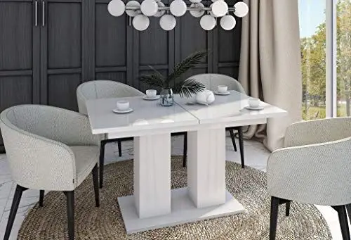 Produktbild: Design Esstisch DE-1 Weiß Hochglanz ausziehbar 130 cm bis 170 cm Ausziehtisch Esszimmertisch Küchentisch Tisch für bis zu 6 Personen Funktionstisch Konsolentisch Esszimmermöbel