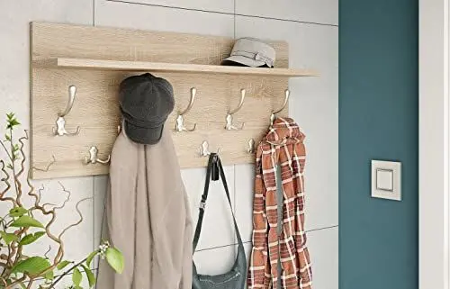Produktbild: Design Garderobe Garderobenpaneel 90 x 40 cm Sonoma Eiche - Edelstahloptik mit Hutablage Kleiderhaken Finlo