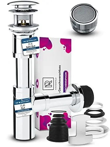 Produktbild: Design Siphon Waschbecken + Chrom Ablaufgarnitur POP UP Ventil mit Überlauf + 1 Strahlregler M24 Wassersparer für Wasserhahn Aufsatz - Geruchsverschluss inkl. Dichtungen mit Reinigungsöffnung