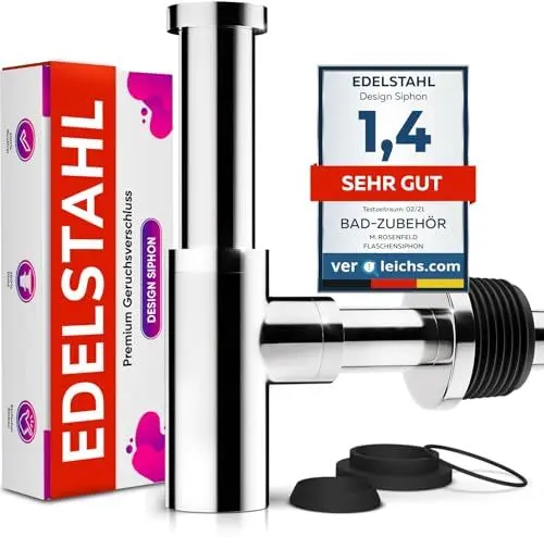 Produktbild: Siphon Waschbecken Edelstahl 60-140mm Höhe, Abflussrohr 330mm Länge, 1 1/4
