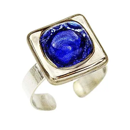 Produktbild: Designer Ring für Damen • Blaues Blasenglas mit Platin • Handgefertigt in Europa • Statement Ring • Polierter chirurgischer Stahl 316L