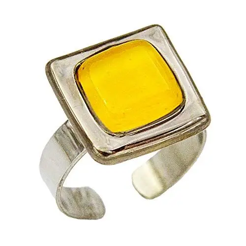 Produktbild: Designer Ring für Damen • Gelbes Böhmenglas mit Platin • Handgefertigt in Europa • Statement Ring • Polierter chirurgischer Stahl 316L