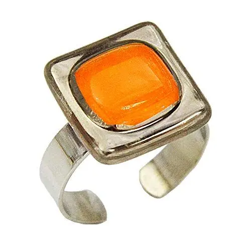 Produktbild: Designer Ring für Damen • Orange Böhmenglas mit Platin • Handgefertigt in Europa • Statement Ring • Polierter chirurgischer Stahl 316L