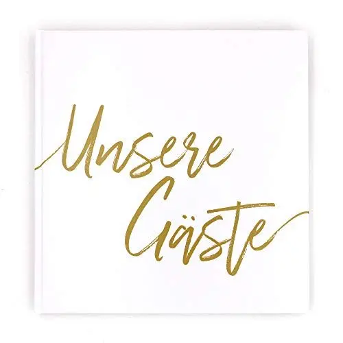 Produktbild: designfreuden Gästebuch Hochzeit mit Fragen zum Ausfüllen – Hochwertiges Hardcover Hochzeitsgästebuch für 57 Gäste – 120 Seiten – 21x21 cm – Weiß & Gold – Edle Fadenheftung