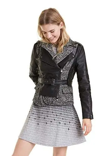 Produktbild: Desigual Ringo Damen-Bikerjacke aus Kunstleder und Tweed mit Gürtel, Schwarz , 66