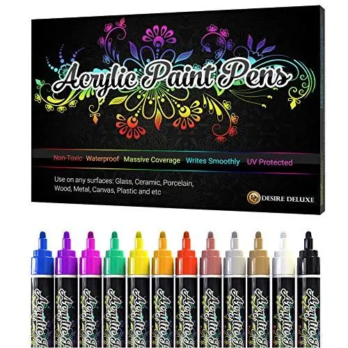 Produktbild: Desire Deluxe | Acrylfarbenstifte | ungiftig auf Wasserbasis, wasserfest, für Stein, Keramik, Glas, Holz, Porzellan, Kieselsteine. Umkehrbare runde Stiftspitze