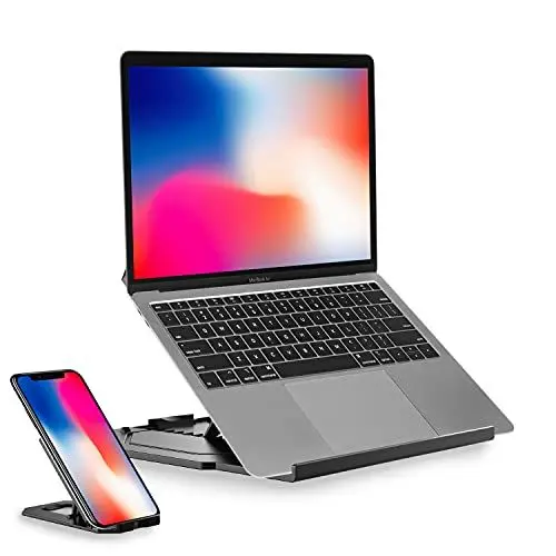 Produktbild: Desire2 Laptopständer Computer Ständer 2 in 1 Stand Klappbar 360 Grad Drehbar Höhenverstellbar Kompatibel mit MacBooks Abnehmbare Handyhalterung - Schwarz