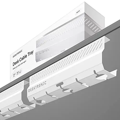 Produktbild: Desktronic Kabelkanal Schreibtisch Weiß 2er Set - Edelstahl Kabelmanagement Schreibtisch Kabelkanal mit 5 Kabelausschnitten - Einfach zu Installierender Kabel-Organizer - Kabelhalter