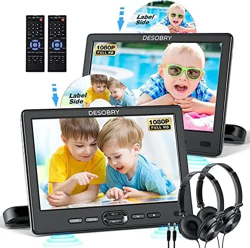 Produktbild: DESOBRY Auto DVD Player 10,5 Zoll 2 Monitore Kopfstütze 2 Kopfhörer HDMI Eingang AV Kabel, Kinder Fernseher Unterstützt 1080P, Auto-Bildschirm Unterstützung USB/SD, Last Memory