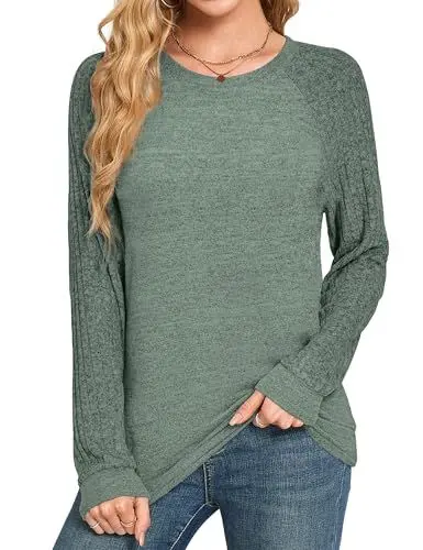 Produktbild: Desol Rundhals Sweatshirt Damen, Dünn Pullover Damen Herbst, Ohne Kapuze Langarmshirt Tunika Damenm, Winter Oberteile Damen Elegant Strickpullover für Freizeit, Party, Büro Dunkelgrün L