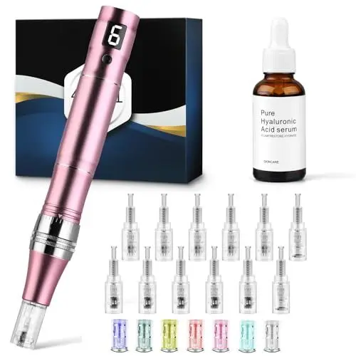 Produktbild: Dessnill Dermapen Elektrische Microneedling Pen Micronadeln Pen 0-2,0mm mit 7 Model LED Licht, mit Hyaluronsäure Anti-Aging Anti Falten Gesichtsserum (Inkl. 12 Nadeln Patronen)