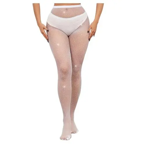 Produktbild: Dessous Frau mit Strasssteinen, sexy, glitzernd, für Partys, Konzerte, Outfits, Netzstrümpfe Kleid Mit Gummizug Taille Damen(Weiß,A)